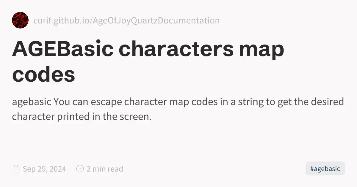 AGEBasic characters map codes